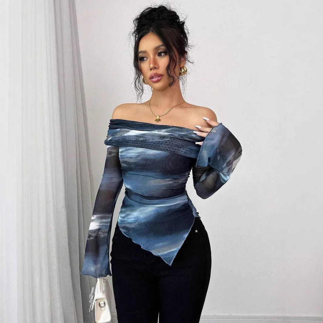 Knitted Mesh Printed Off-shoulder Collar Long Sleeved Fitted T-shirt - Gizmo Galaxy