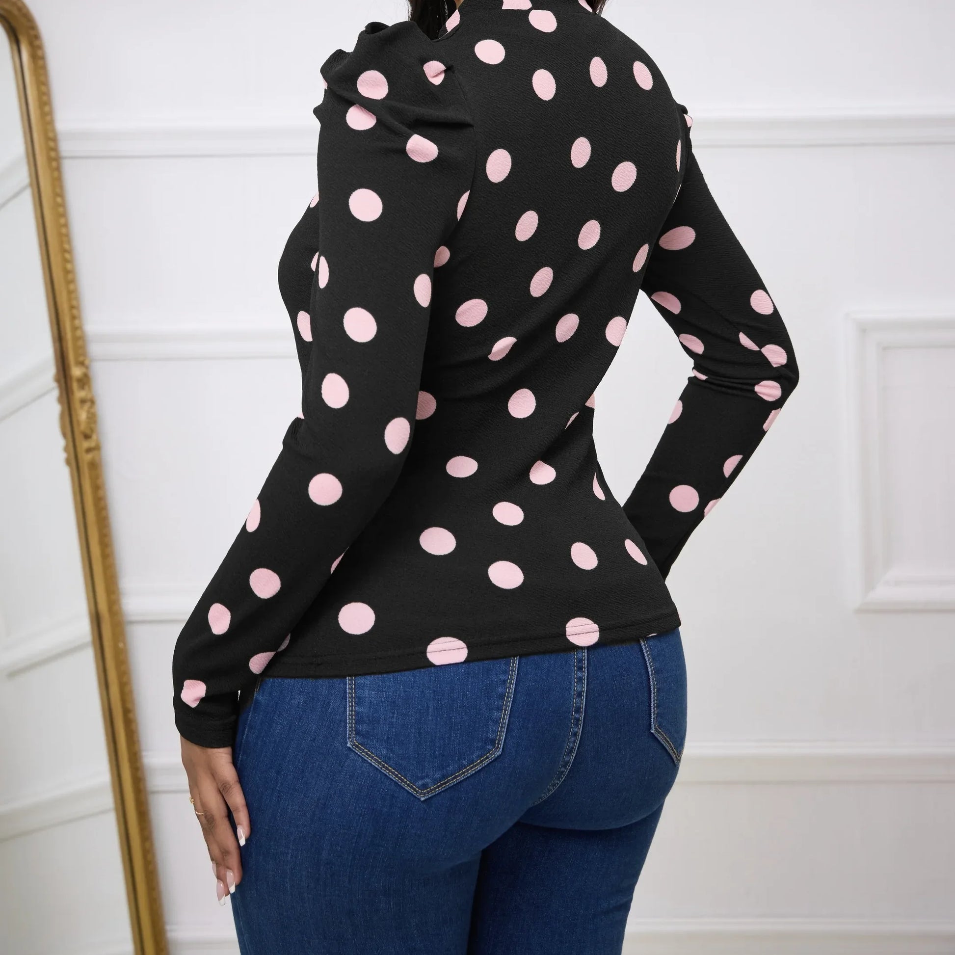 Ladies' Polka Dot Print Slim Fit Figure Enhancing Basic Versatile Elegant T-shirt - Gizmo Galaxy