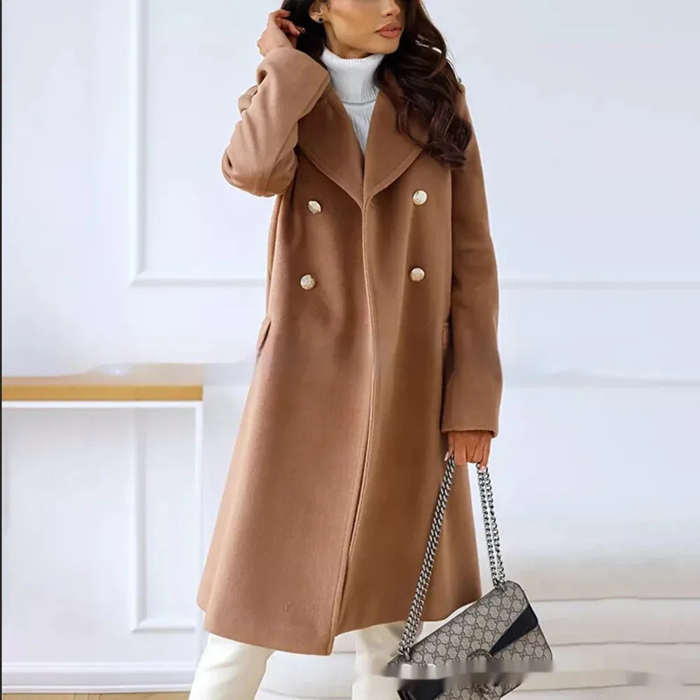 Simple Double Breasted Woolen Coat For Women - Gizmo Galaxy