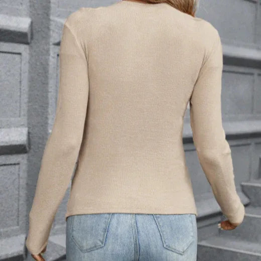 Women's Solid Color Cross Neck Hollowed Out Collarbone Versatile Fashion Bone Feeling Slim Fit Long Sleeved T-shirt Top - Gizmo Galaxy