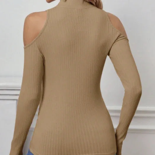 Women's Solid Color Long Sleeved Off Shoulder Zipper Design Slim Fit Home Clothing Top - Gizmo Galaxy