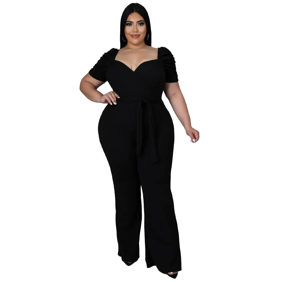 Women's Plus-Size Stand Collar Ruffle Sleeve High-Waist Jumpsuit Wide-Leg Pants - Gizmo Galaxy