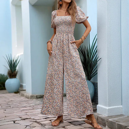 Square Collar Puff Sleeve Vacation Style Floral Jumpsuit - Gizmo Galaxy