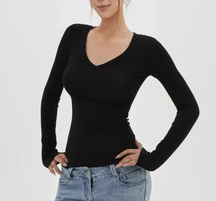 American Hot Girl Delicate V-neck Shoulder Long Sleeve T-shirt - Gizmo Galaxy