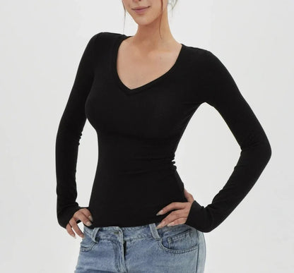 American Hot Girl Delicate V-neck Shoulder Long Sleeve T-shirt - Gizmo Galaxy