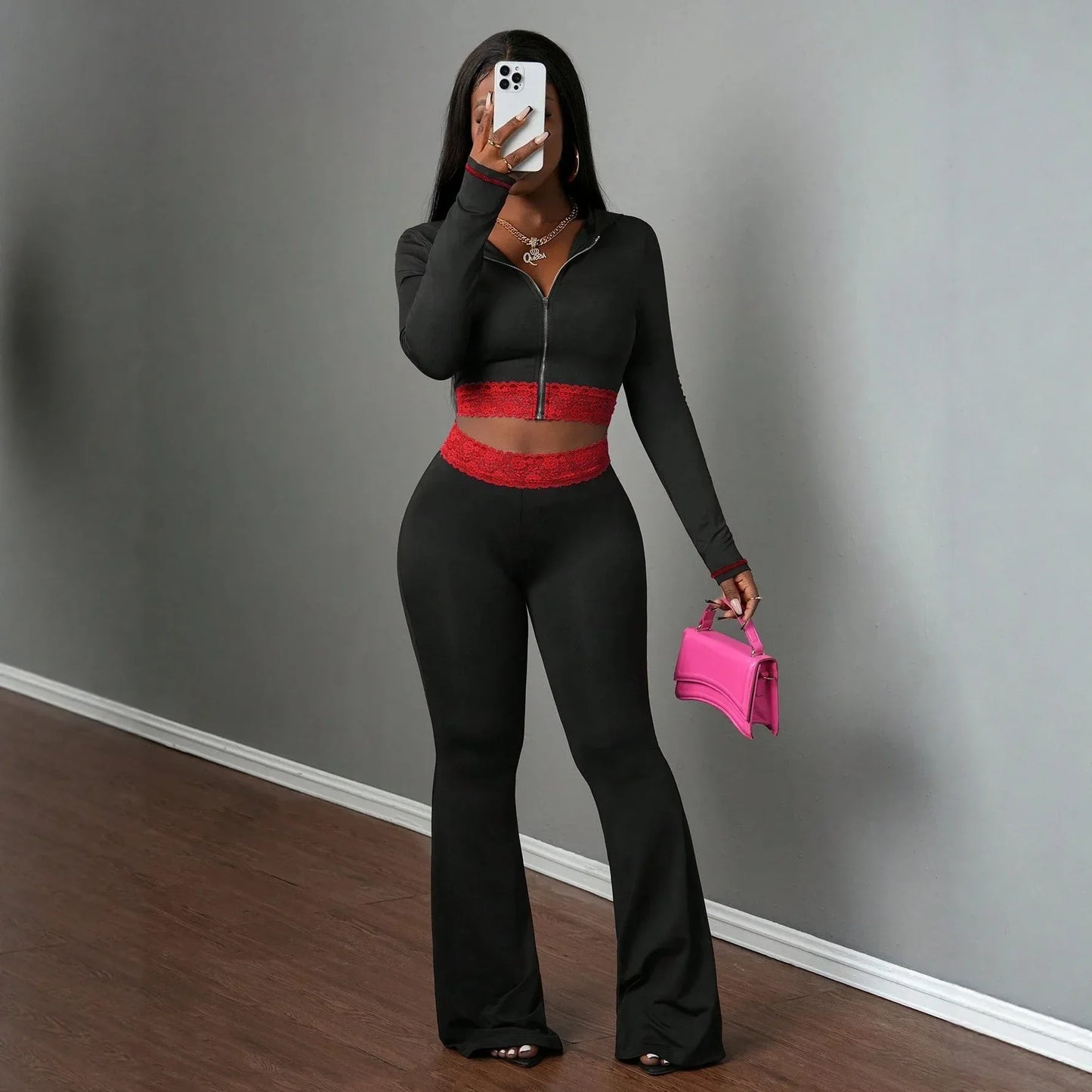 Fashionable Solid-Color Patchwork Lace Casual Jacket And Pants Set - Gizmo Galaxy