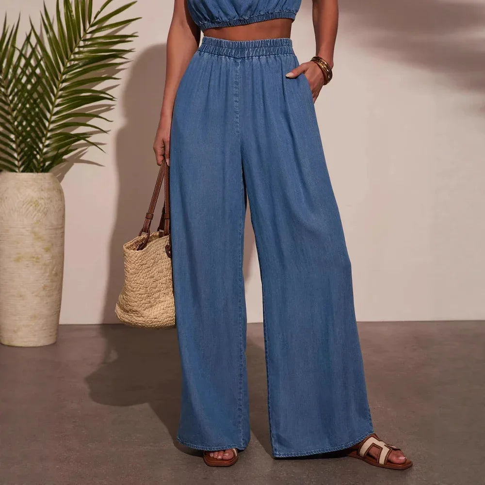 Women's Casual Personality Denim Tube Top Braided Rope Wide Leg Pants Set - Gizmo Galaxy