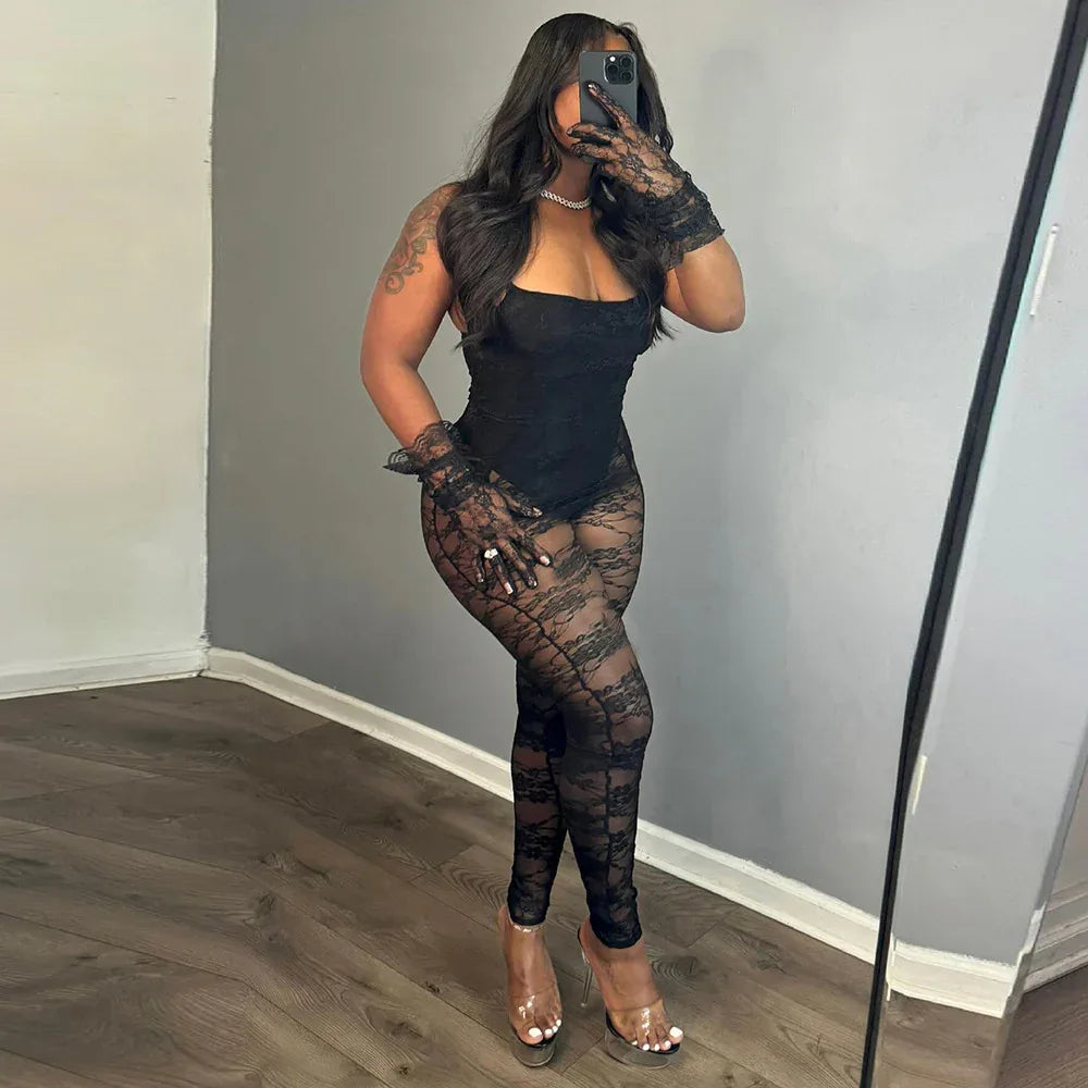 Sexy Women Clothing Sling Style Stitching Sheer Cutout High Elasticity Jumpsuit - Gizmo Galaxy