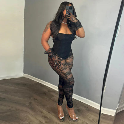 Sexy Women Clothing Sling Style Stitching Sheer Cutout High Elasticity Jumpsuit - Gizmo Galaxy