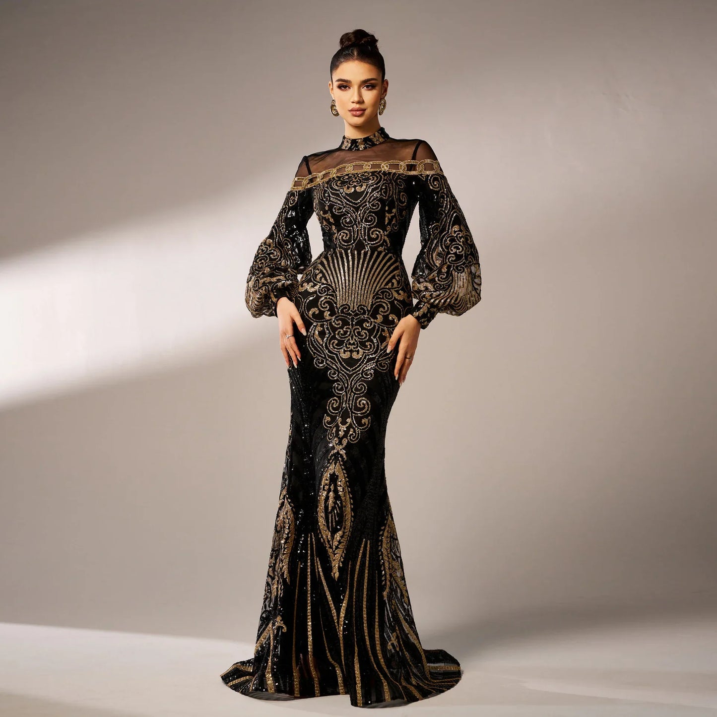 Long Sleeve Round Neck Sequins Mesh Fishtail Evening Dress - Gizmo Galaxy