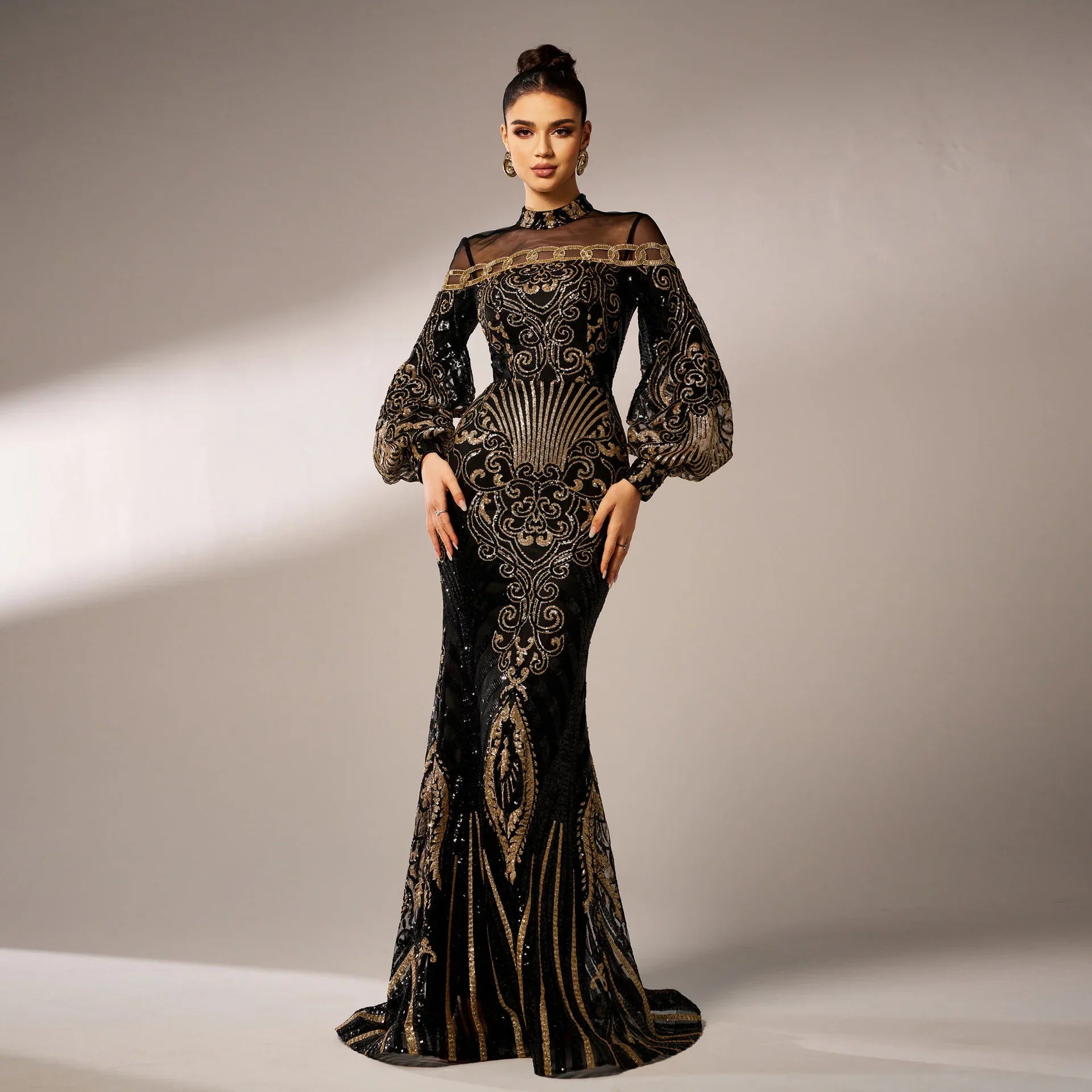Long Sleeve Round Neck Sequins Mesh Fishtail Evening Dress - Gizmo Galaxy