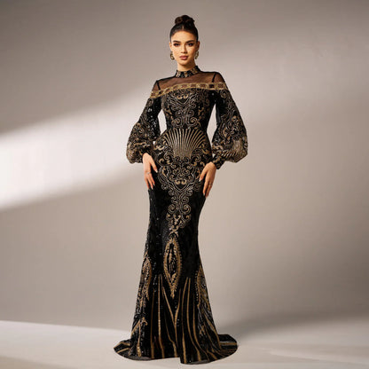 Long Sleeve Round Neck Sequins Mesh Fishtail Evening Dress - Gizmo Galaxy