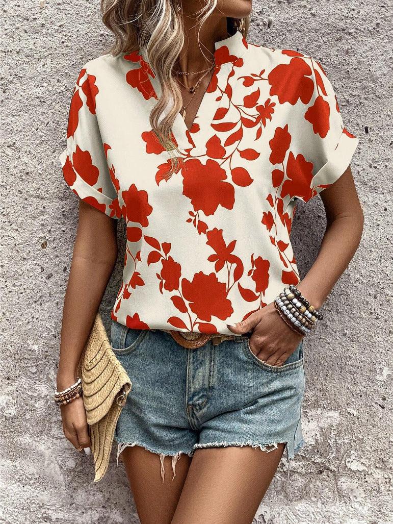 Big Floral Print V-neck Batwing Sleeve Leisure Loose Shirt - Gizmo Galaxy