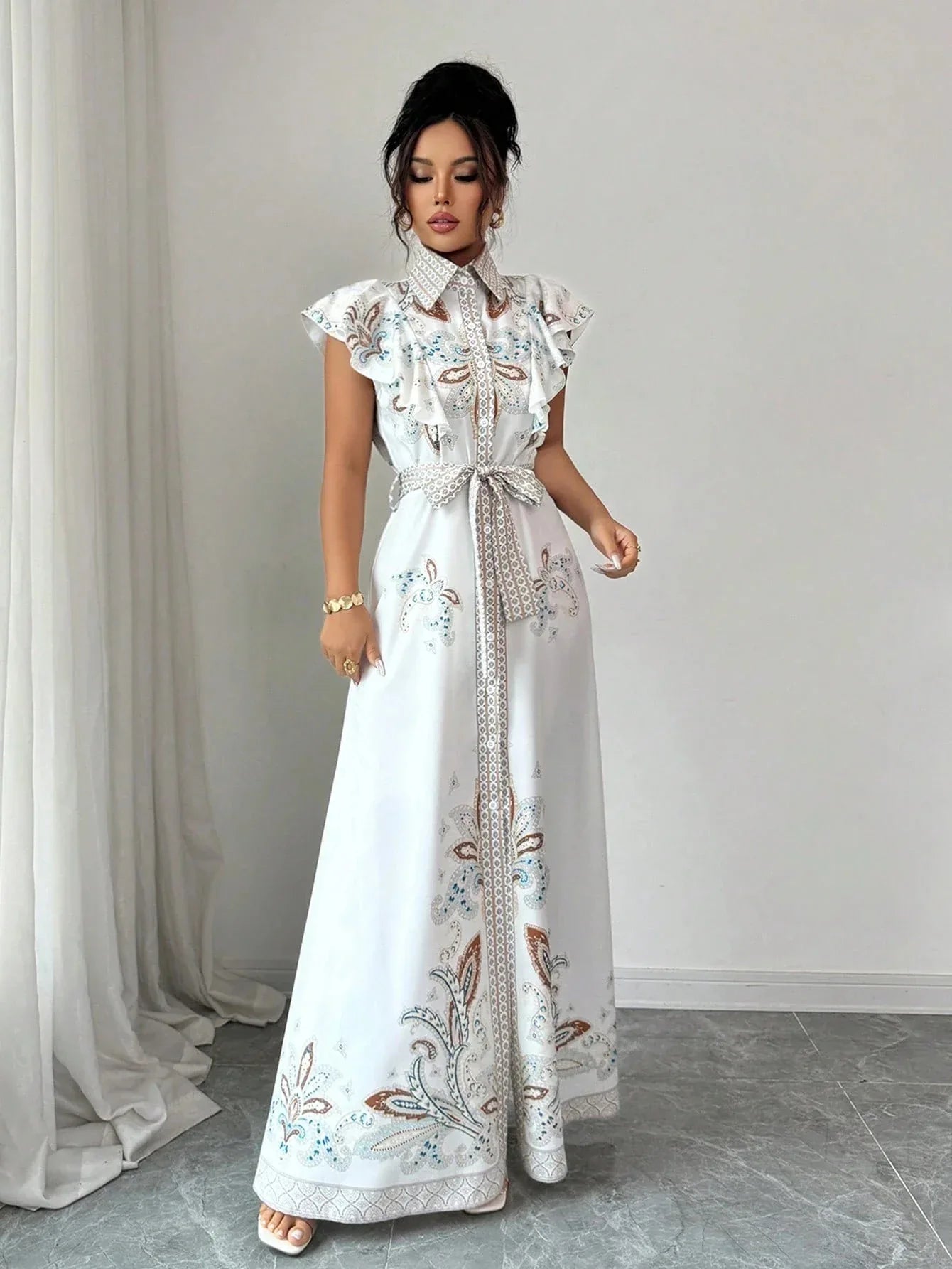 Women's Retro Printed Long-Sleeve Waist-Cinching Single-Breasted Stand-Neckline Dress - Gizmo Galaxy