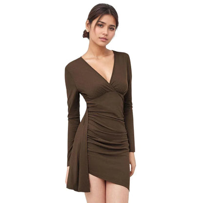 Designer-style Pleated Slim-fit Dress For Women Autumnwinter Deep Brown V-neck Long-sleeve Sheath Skirt With A Slit - Gizmo Galaxy