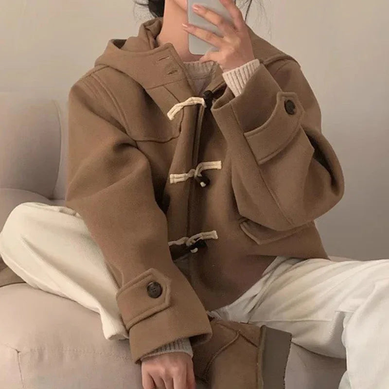 All-matching Short Hooded Long-sleeved Woolen Coat Women - Gizmo Galaxy
