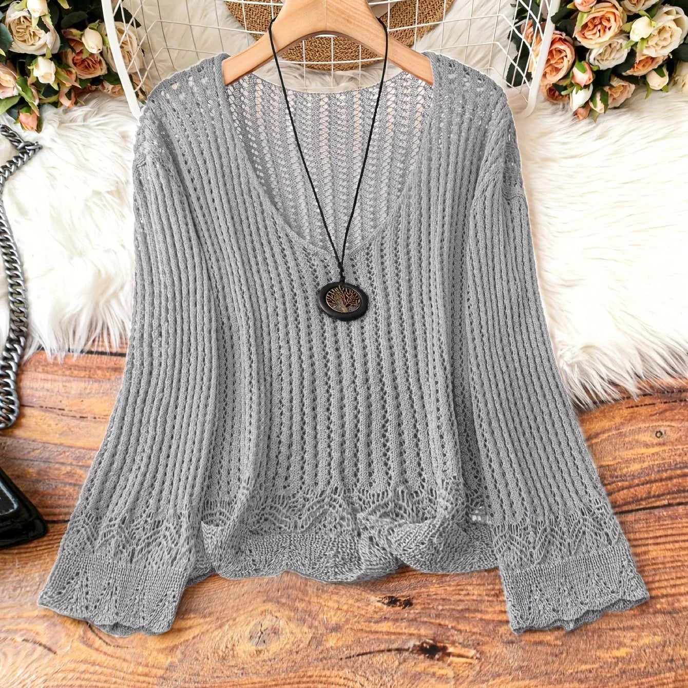Hollow-out Spring And Summer Long Sleeves Knitted V-neck Plus Size Women's Long-sleeved Sweater - Gizmo Galaxy