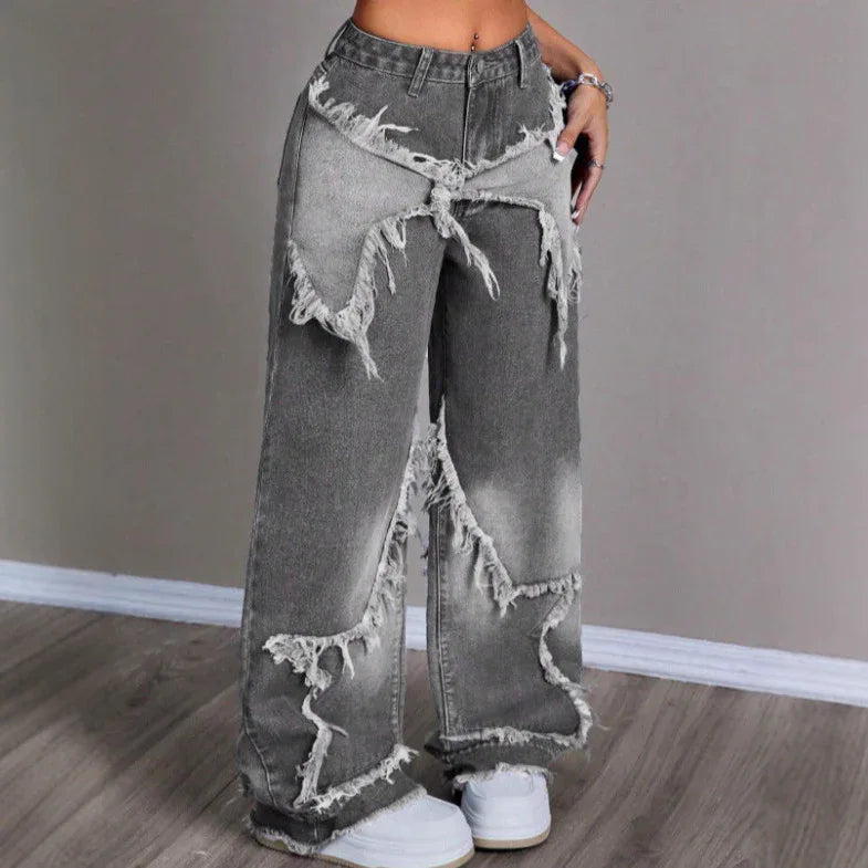 Retro Star Patchwork Heavy Wash Women's Jeans - Gizmo Galaxy