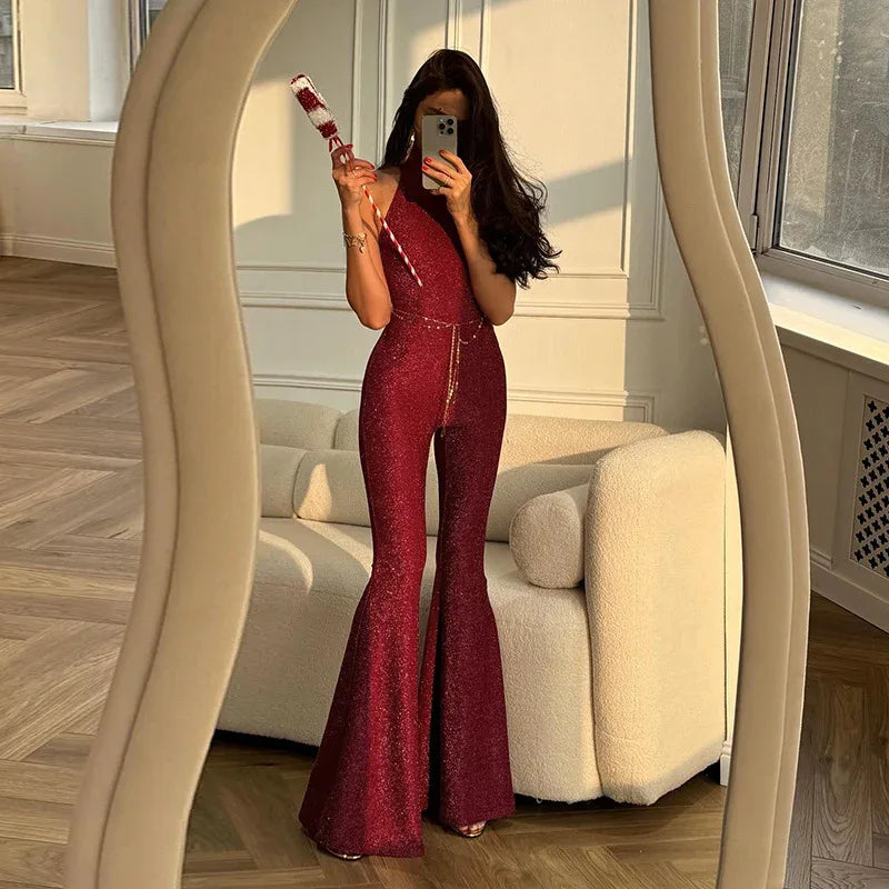 Shining Fashion Round Neck Sleeveless Flared High Waist Slimming Jumpsuit - Gizmo Galaxy