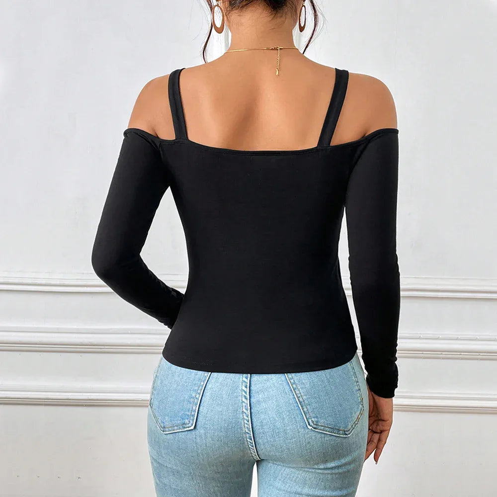 Women's Spring And Summer Fashion Simple Suspender Off-Shoulder Metal Hook Long-Sleeved Sexy Top - Gizmo Galaxy