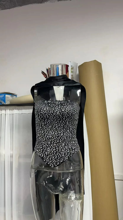 Hot Drill Temperament Spicy Girl Strappy Sexy Bustier Tight Top Long Satin Skirt - Gizmo Galaxy