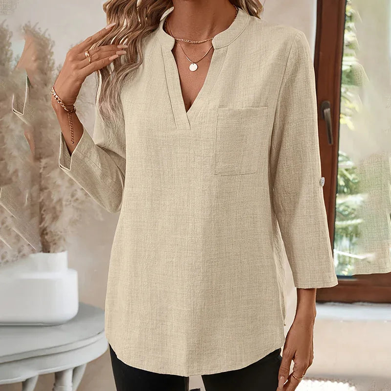 Womens Casual Summer Shirts Notch V Neck Blouses 3 4 Roll Sleeve Tunics Tops - Gizmo Galaxy