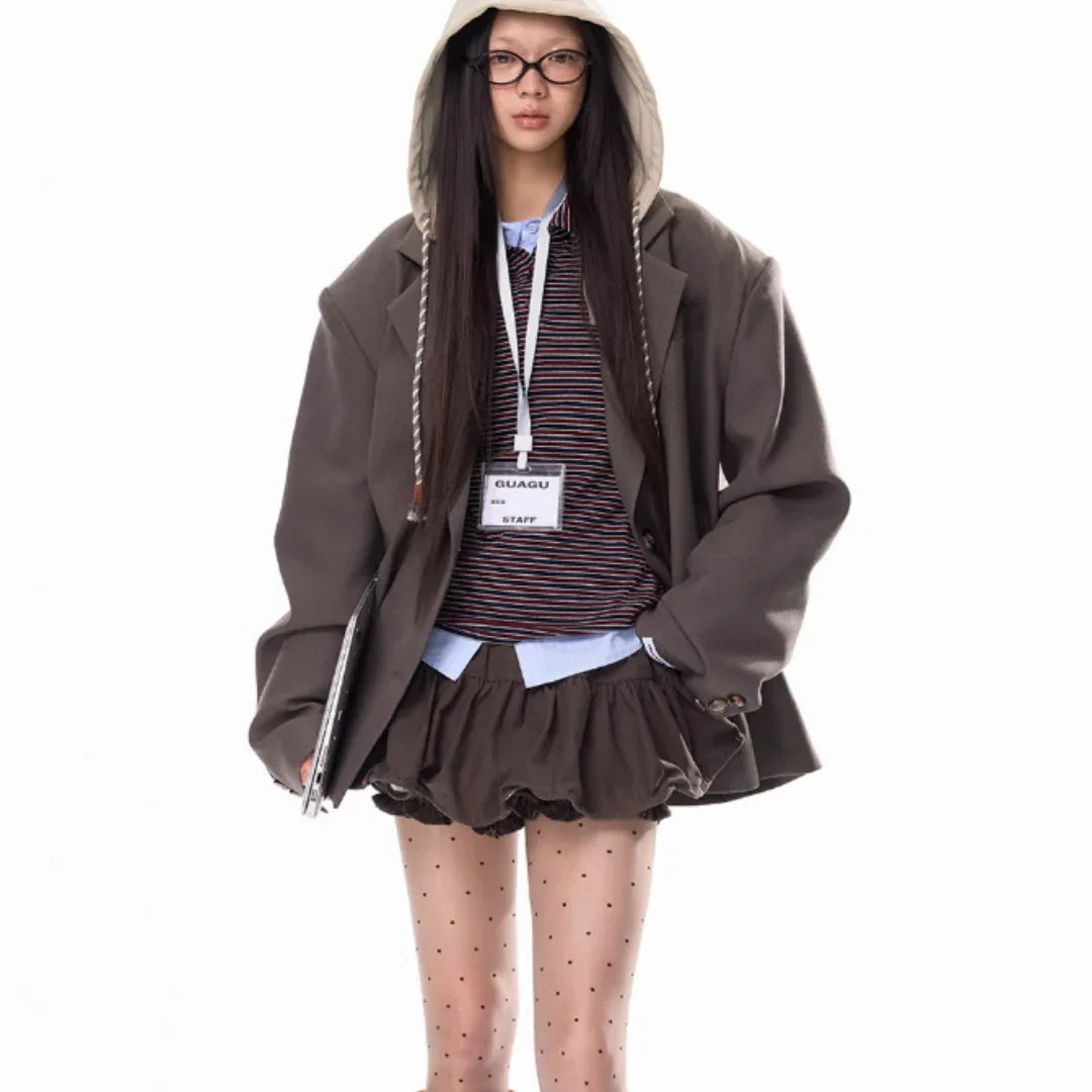 Hooded Patchwork Boyfriend Style Suit Jacket For Women - Gizmo Galaxy