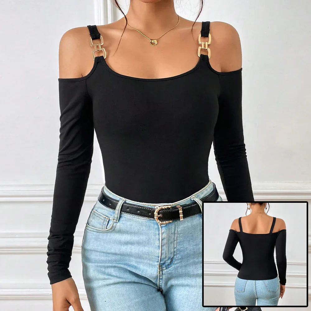 Women's Spring And Summer Fashion Simple Suspender Off-Shoulder Metal Hook Long-Sleeved Sexy Top - Gizmo Galaxy
