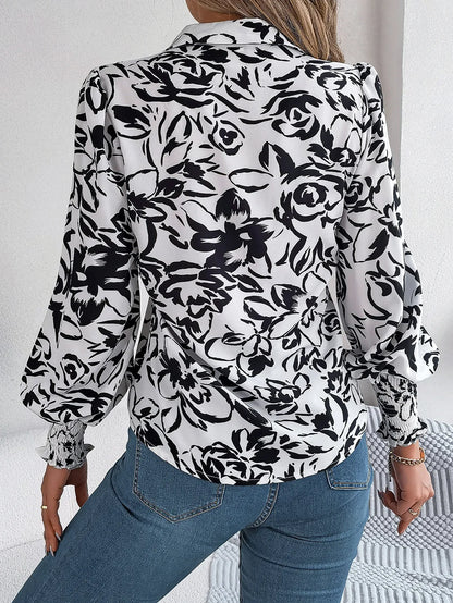 Women's Elegant Color-Blocked Floral Lantern Sleeve Lapel Shirt - Gizmo Galaxy