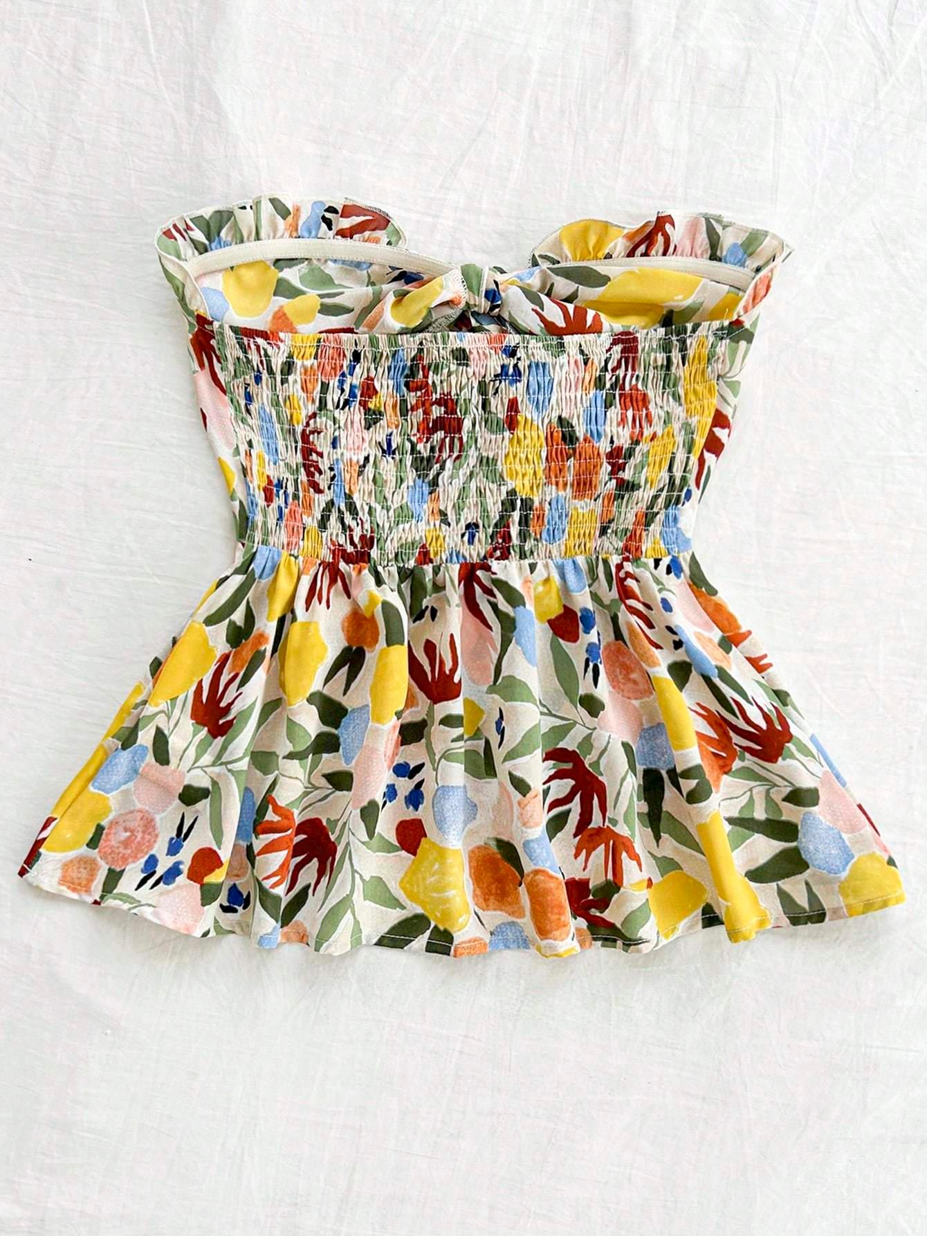 Strapless Cinched Waist Ruffle Hem Floral Printed Vacation Top - Gizmo Galaxy