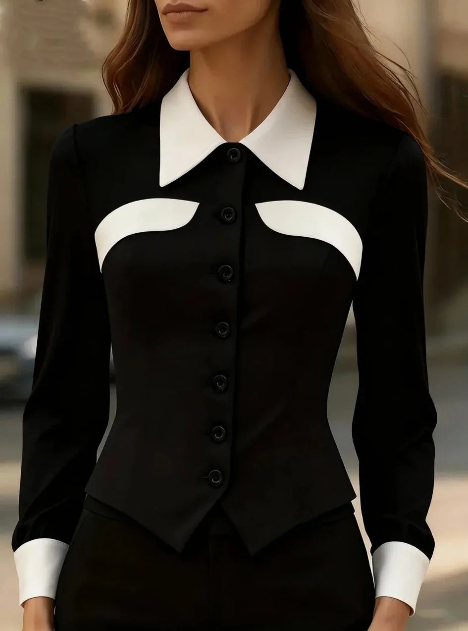 Independent Website Women's Color-block Slim-fit Versatile Slimming Long-sleeved Shirt - Gizmo Galaxy