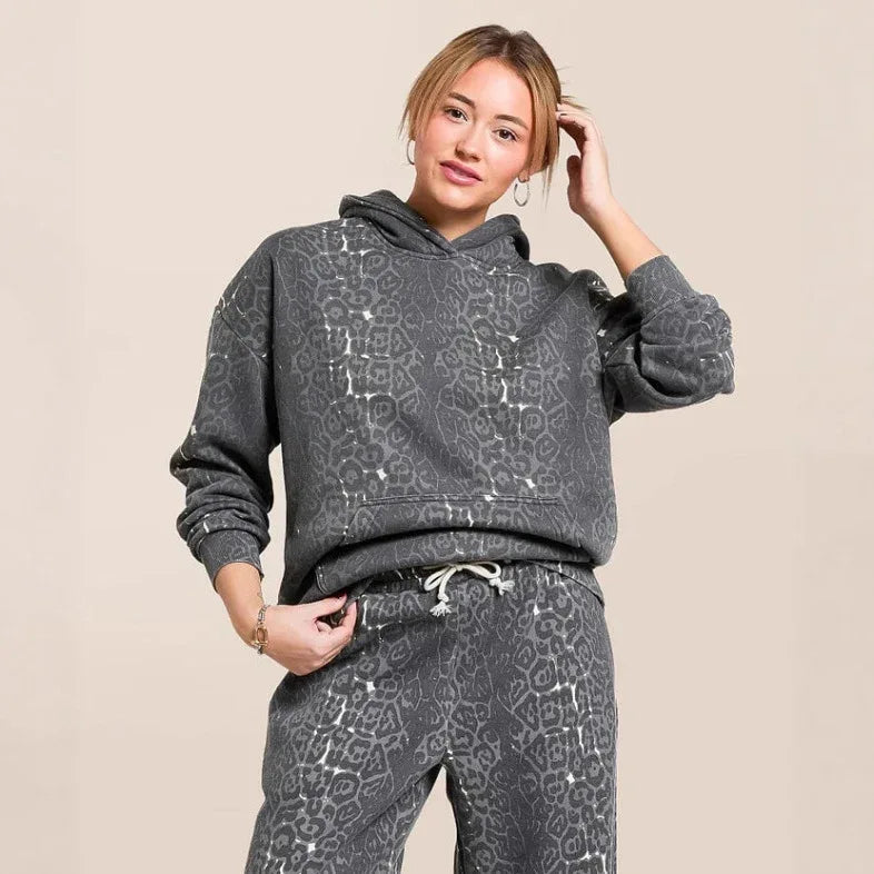 Fashionable Casual Hooded Sweatshirt And Wide Leg Pants Leopard Print Set - Gizmo Galaxy