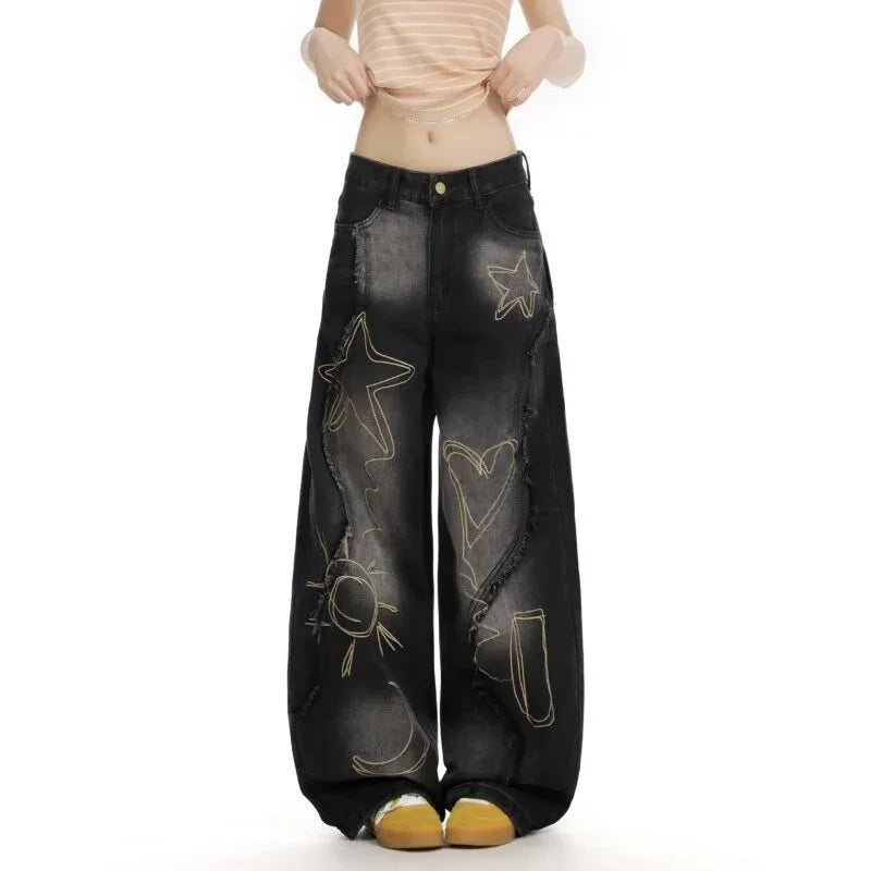 Women's High Waist Ripped Jeans Slim Fit Wide Leg Floor-Length Pants - Gizmo Galaxy