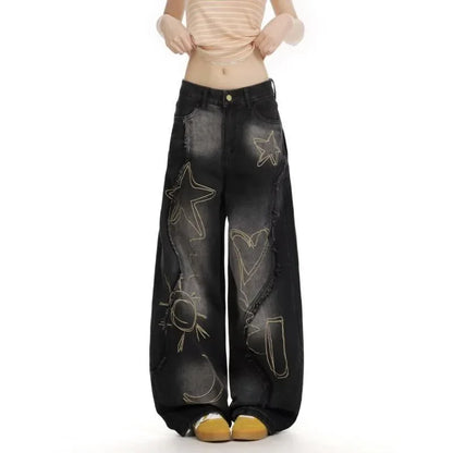Women's High Waist Ripped Jeans Slim Fit Wide Leg Floor-Length Pants - Gizmo Galaxy