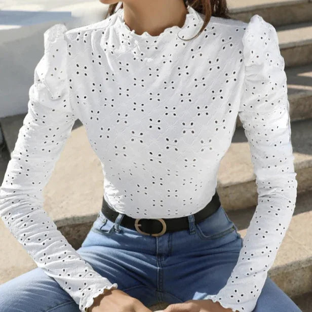 Ladies' Black Fungus Edge Collar Cuffs Hollowed Out Slim Fit Date Party Simple And Versatile Long Sleeved T-shirt - Gizmo Galaxy