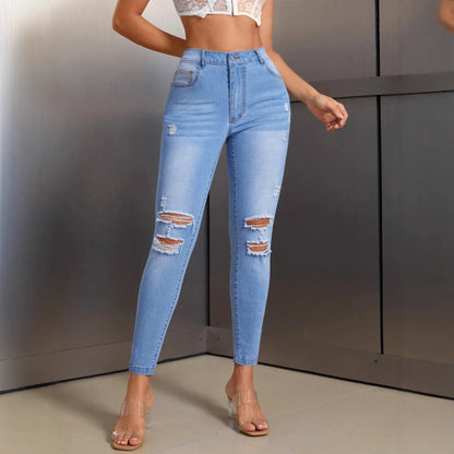 Elastic Slim-fit Women's Stylish Ripped Jeans - Gizmo Galaxy