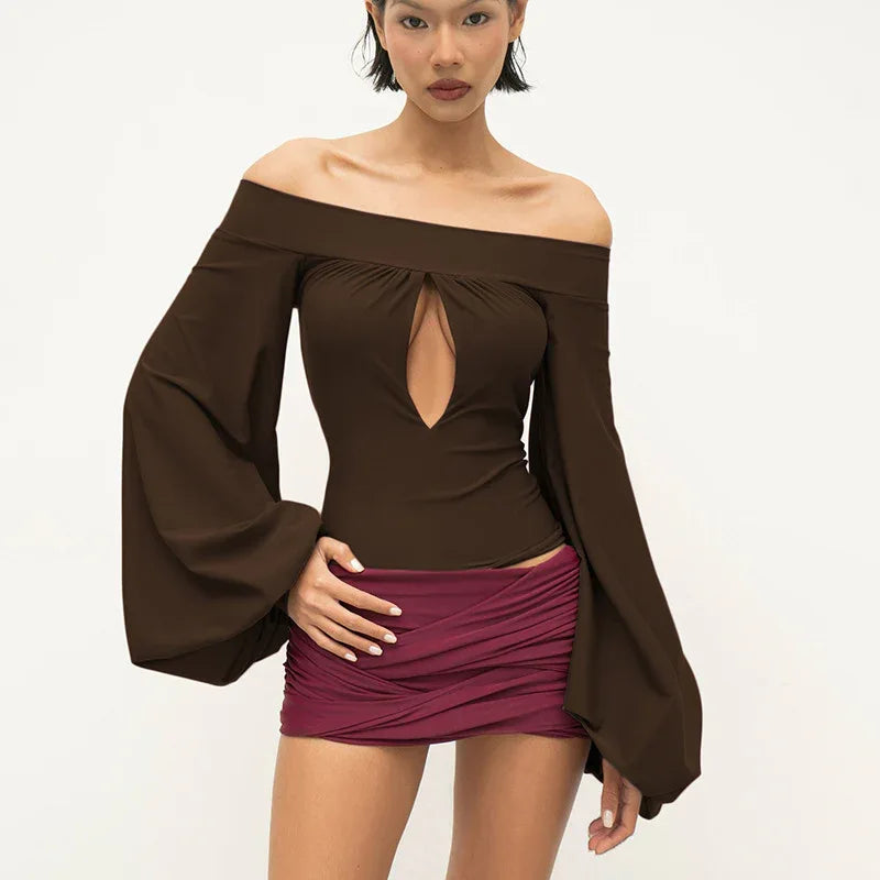 European And American-style Off-neck Lantern Sleeve Hollow-out Top For Women - Gizmo Galaxy