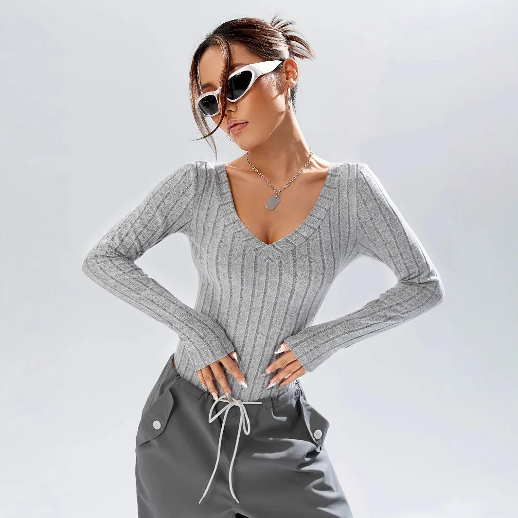 Simple Casual Solid Color Deep V-neck Slim Fit Waist-controlled Long Sleeves Jumpsuit Women - Gizmo Galaxy
