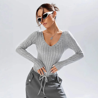 Simple Casual Solid Color Deep V-neck Slim Fit Waist-controlled Long Sleeves Jumpsuit Women - Gizmo Galaxy