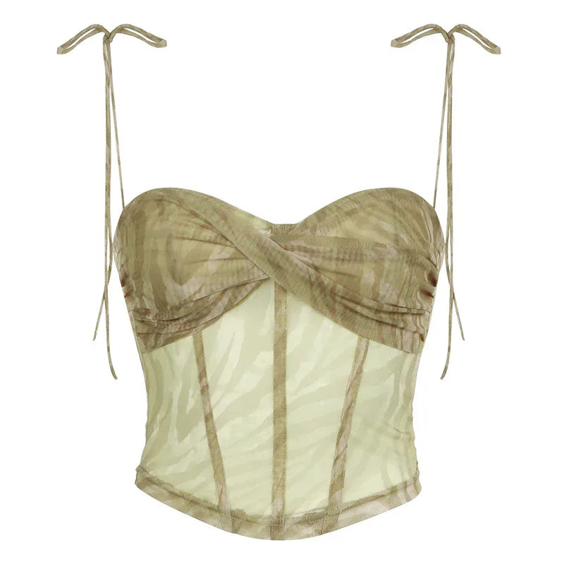 Sexy Style Corrugated Printed Double Layer Mesh Camisole Low Collar Irregular Cinched Tube Top Vest Top - Gizmo Galaxy