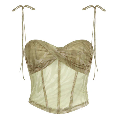 Sexy Style Corrugated Printed Double Layer Mesh Camisole Low Collar Irregular Cinched Tube Top Vest Top - Gizmo Galaxy