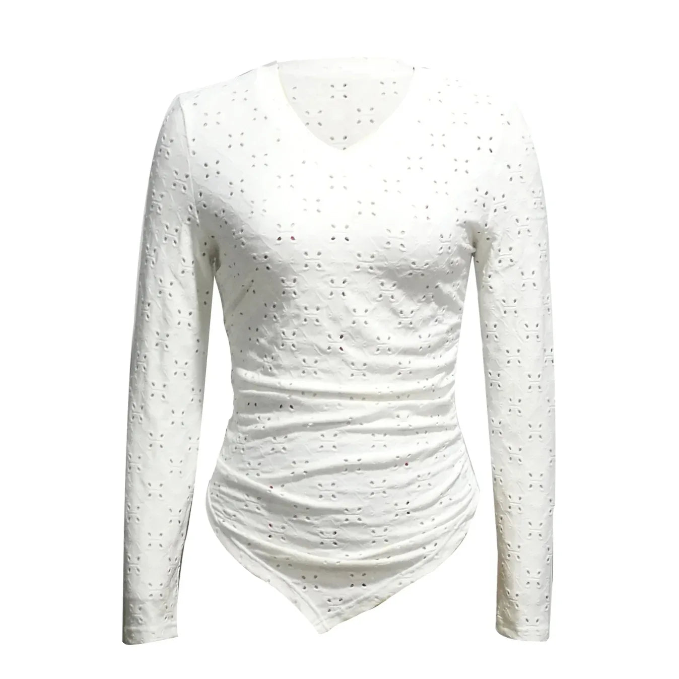 Ladies' Hollowed Out V-neck Fashionable Versatile Shopping Party Hem Irregular Design Elegant Long Sleeved T-shirt Top - Gizmo Galaxy