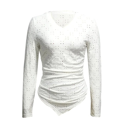 Ladies' Hollowed Out V-neck Fashionable Versatile Shopping Party Hem Irregular Design Elegant Long Sleeved T-shirt Top - Gizmo Galaxy