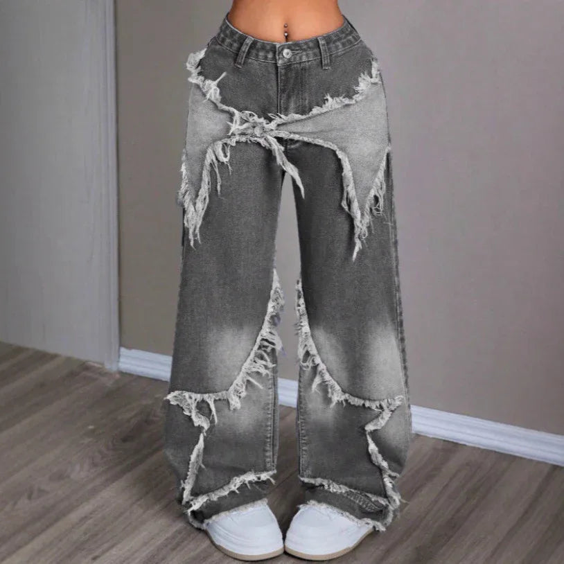 Retro Star Patchwork Heavy Wash Women's Jeans - Gizmo Galaxy