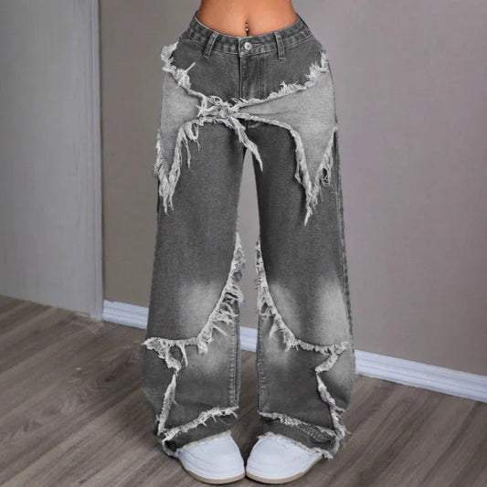 Retro Star Patchwork Heavy Wash Women's Jeans - Gizmo Galaxy