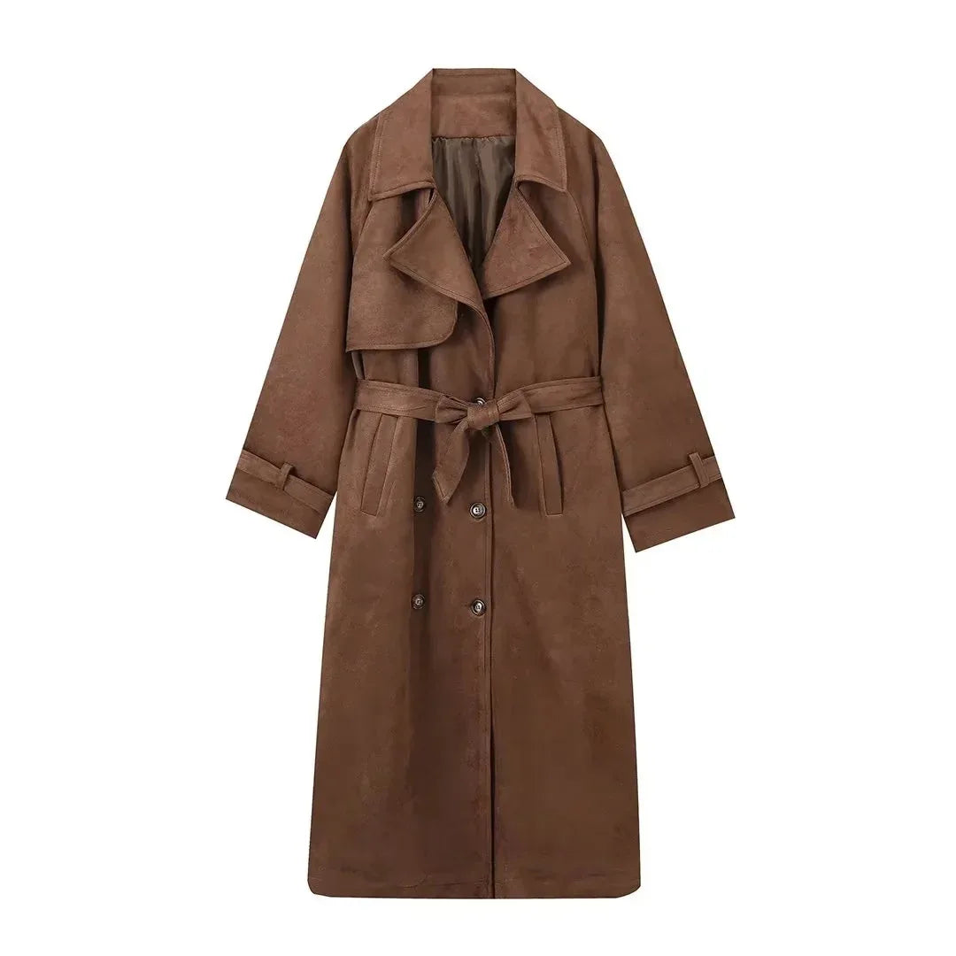Double Breasted Lapel Shift Coat With Belt Fashion Vintage Suede Long Coat Winter Outwear Women's Clothing - Gizmo Galaxy