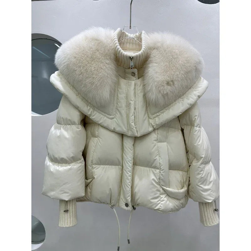 High-end Fox Fur Collar White Duck Down Short Down Jacket Female Light Luxury Loose And Warm Puffer Jacket Coat - Gizmo Galaxy