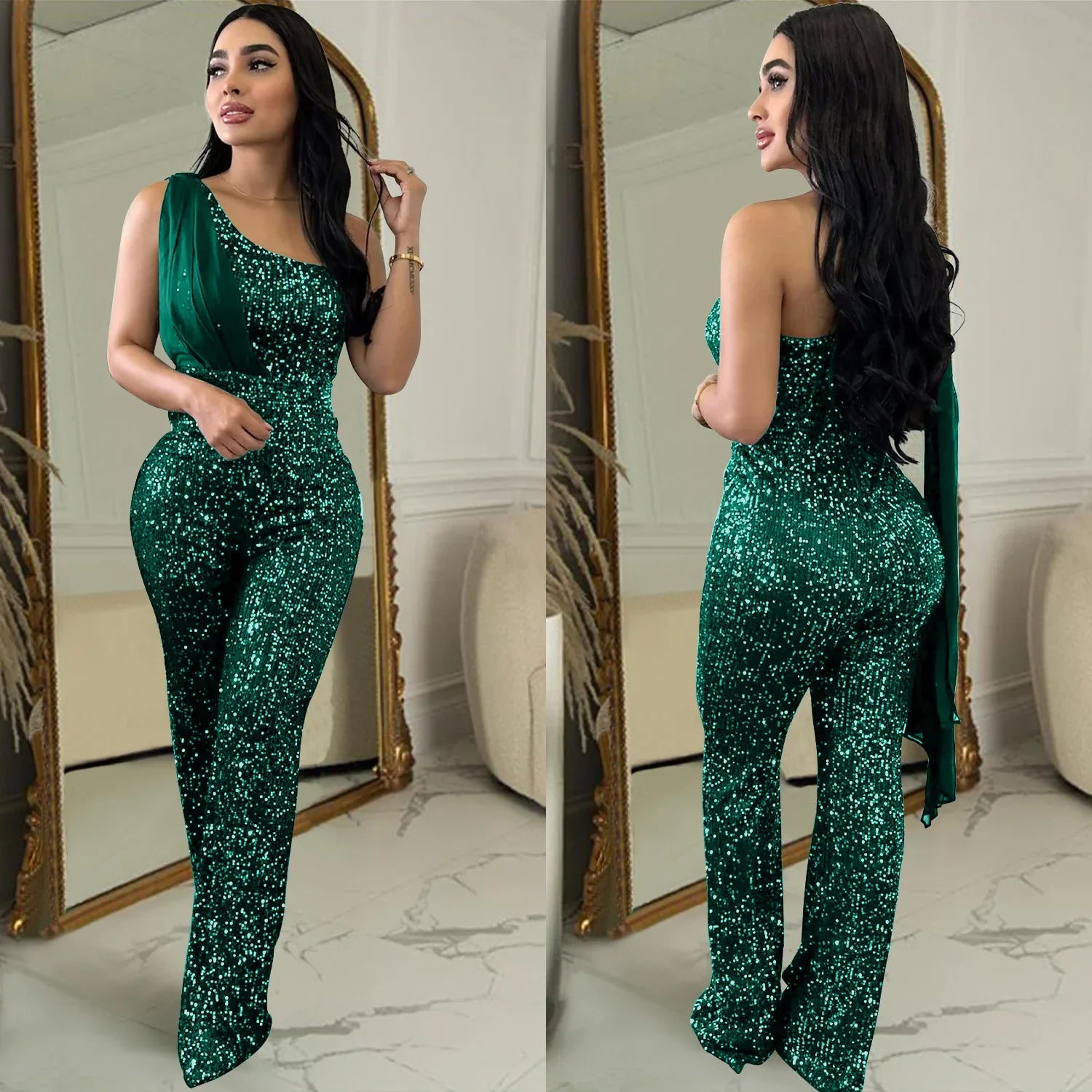 Women's Solid Color Sleeveless One-shoulder Sequined Trousers Jumpsuit - Gizmo Galaxy