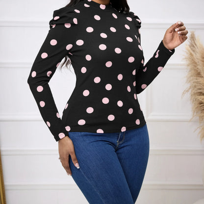 Ladies' Polka Dot Print Slim Fit Figure Enhancing Basic Versatile Elegant T-shirt - Gizmo Galaxy