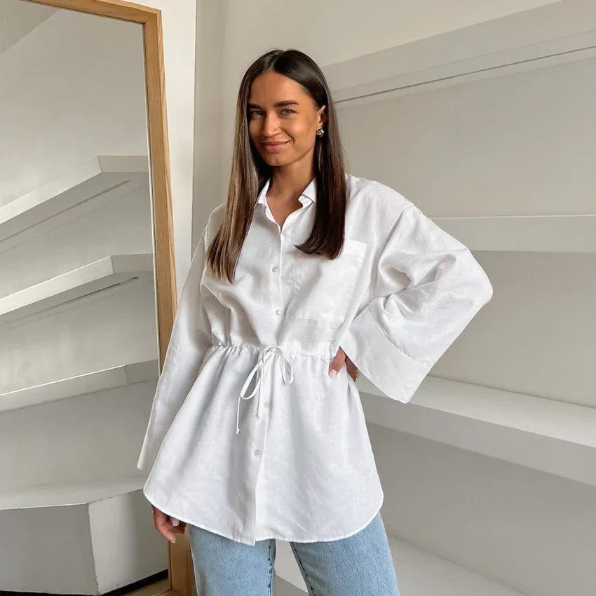 Women's Simple White Cotton And Linen Loose Lapels Shirt - Gizmo Galaxy